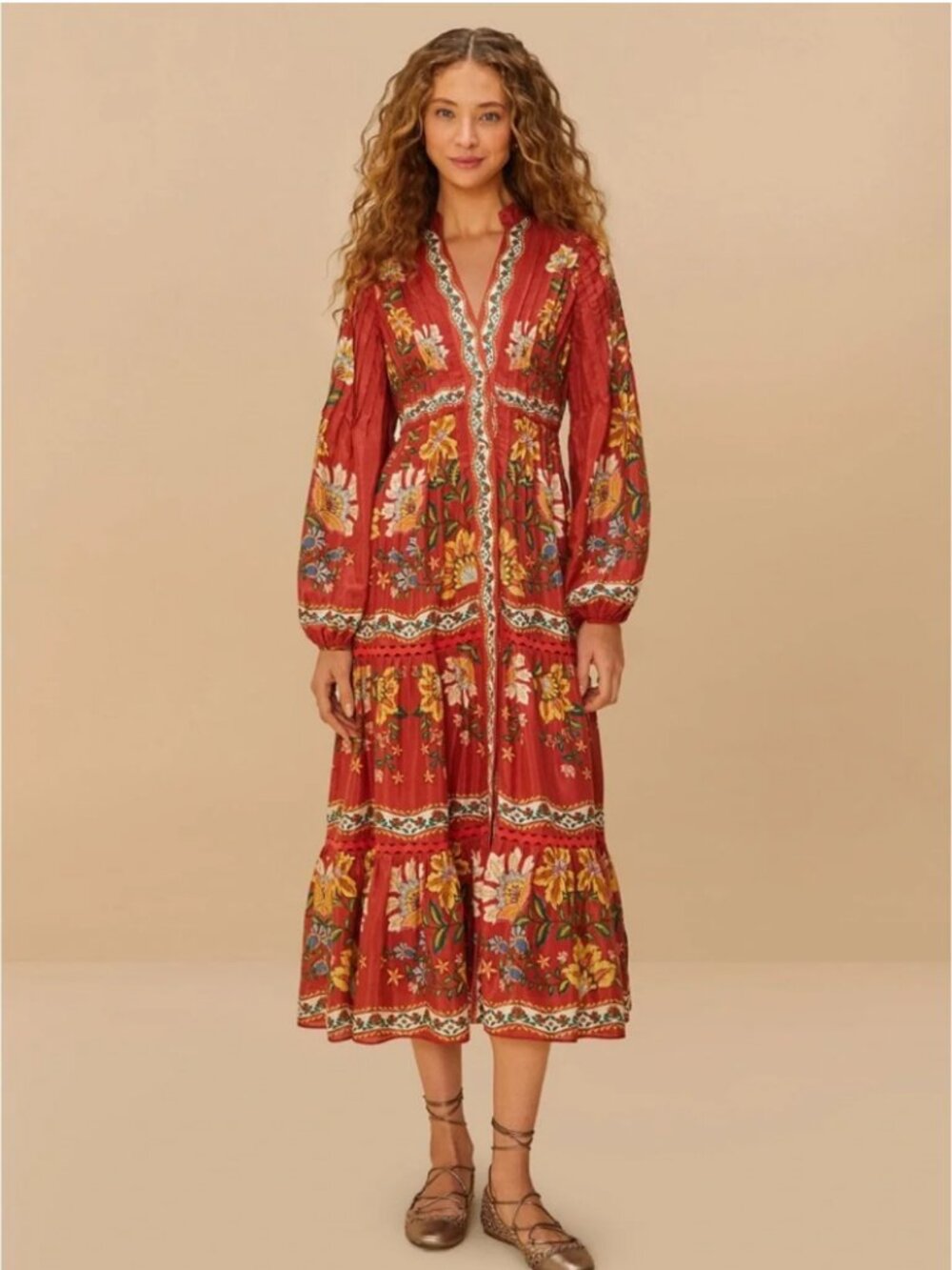 FARM RIO Red Garden Delight Long Sleeve Midi Dress - Picture 1 of 4